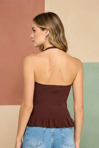 Brown halter neck cropped tank top with thin straps and ribbed texture
