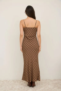 Brown plaid spaghetti strap maxi dress with midi length and spaghetti strap design