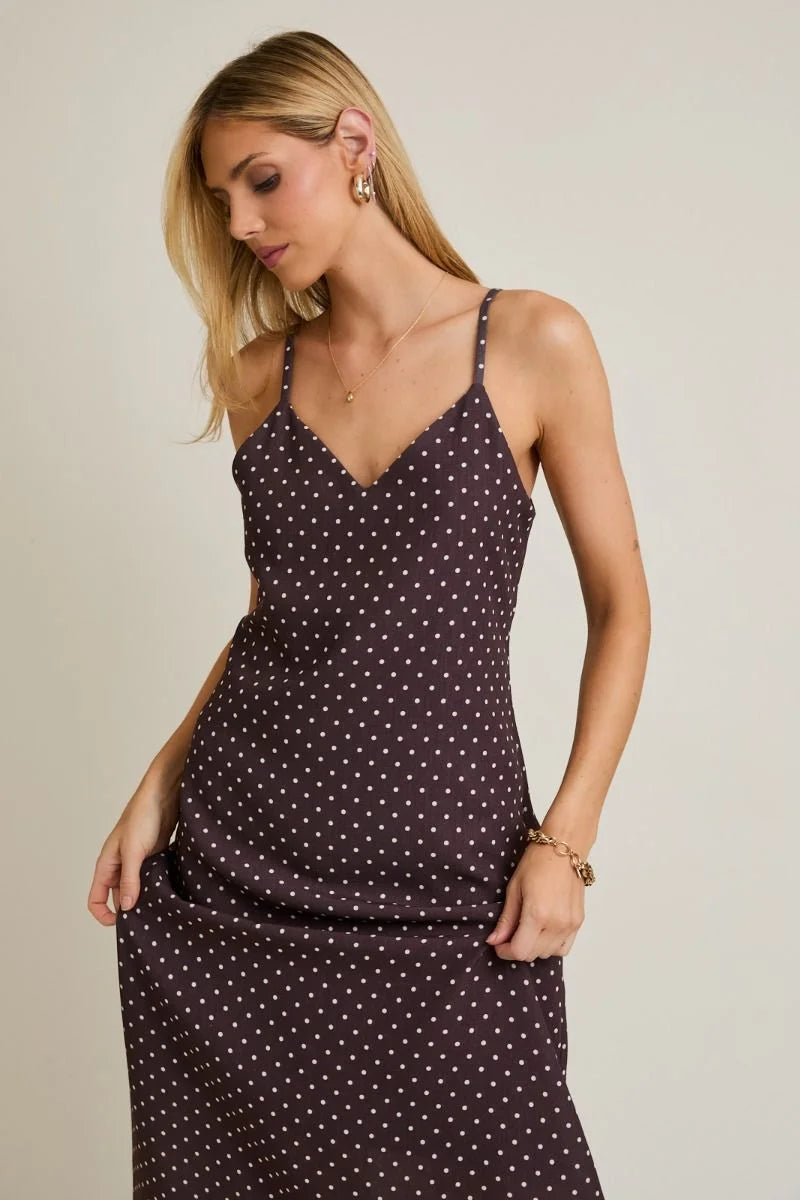 Brown polka dot sweetheart neck strap maxi dress with pockets