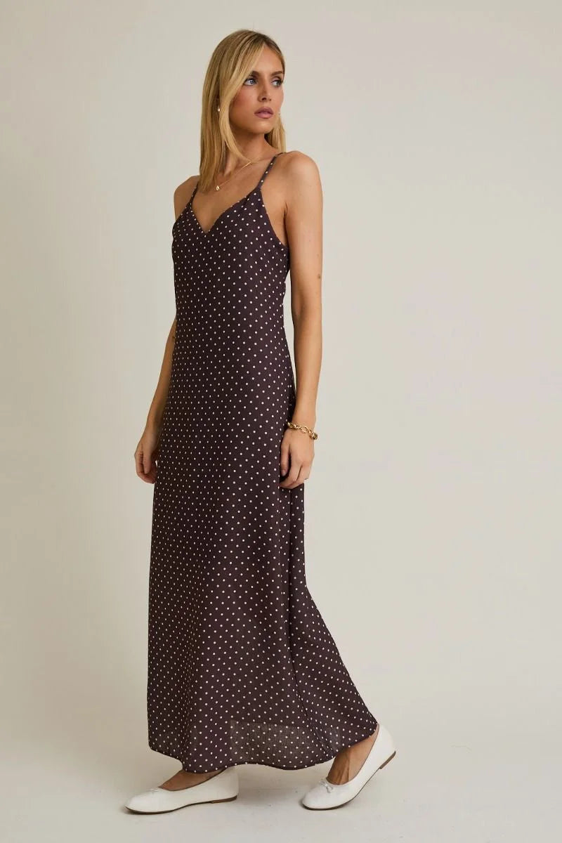 Sweetheart neck strap dot maxi dress in brown polka dots with white shoes