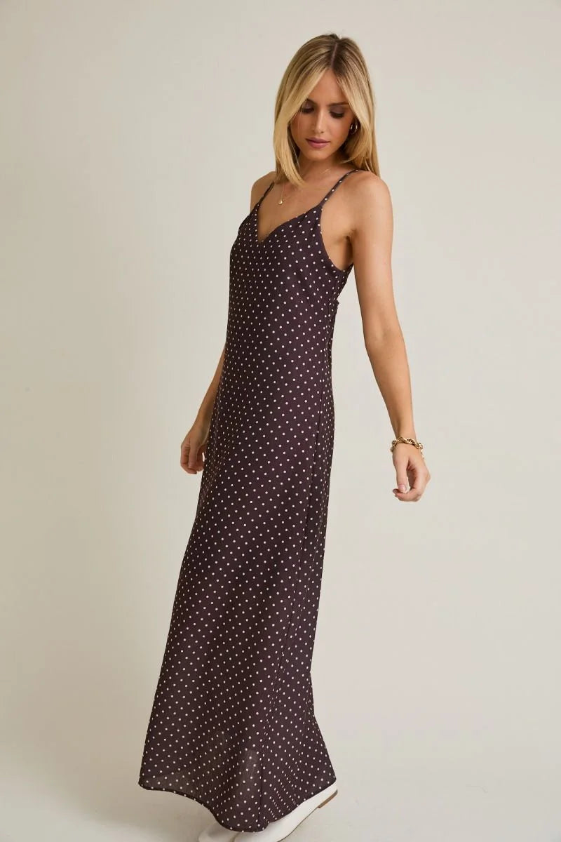 Brown polka dot maxi dress with sweetheart neck strap and V-neckline