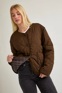 Brown padded round neck quilted bomber jacket with plaid pocket