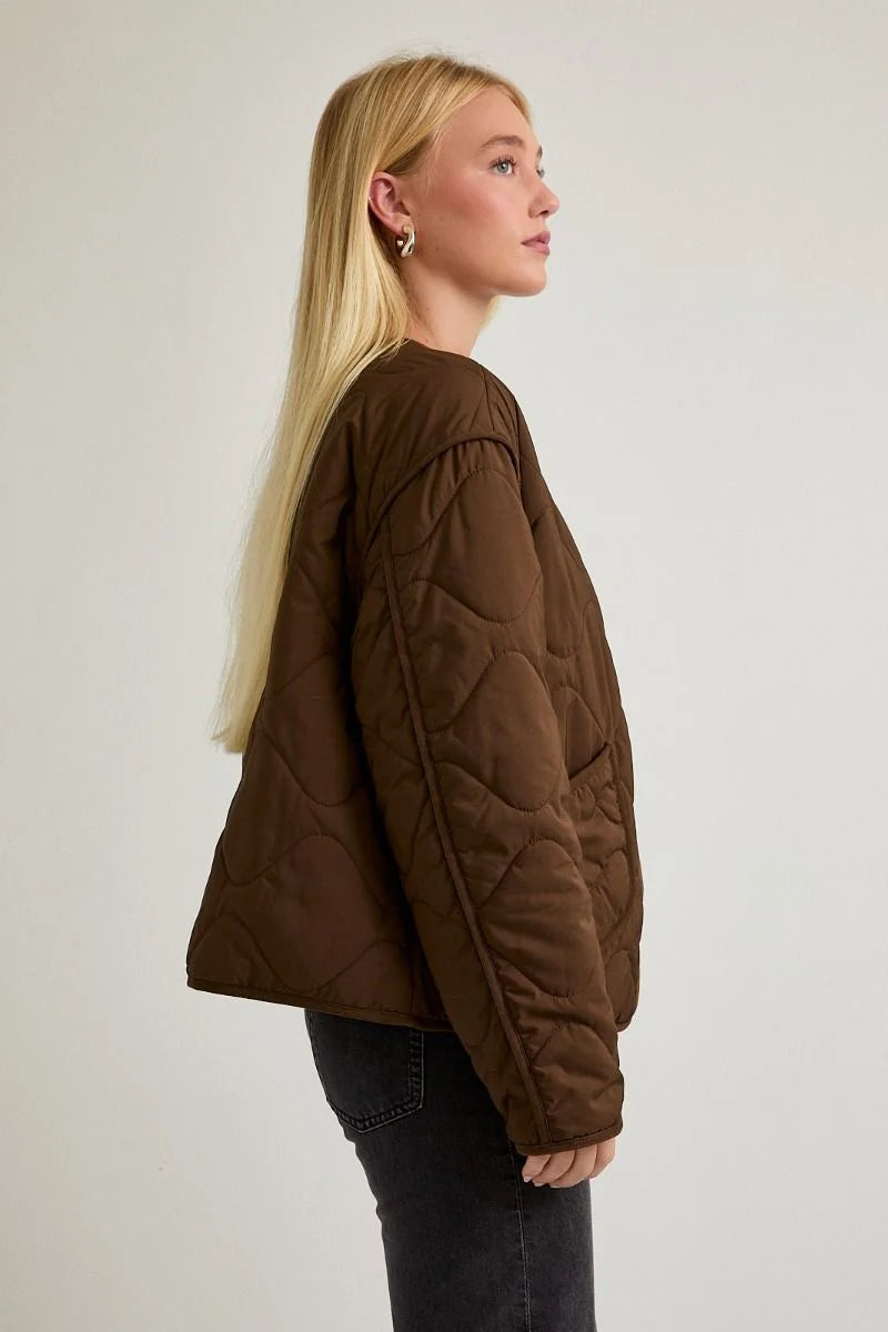 Brown padded round neck quilted jacket with relaxed fit