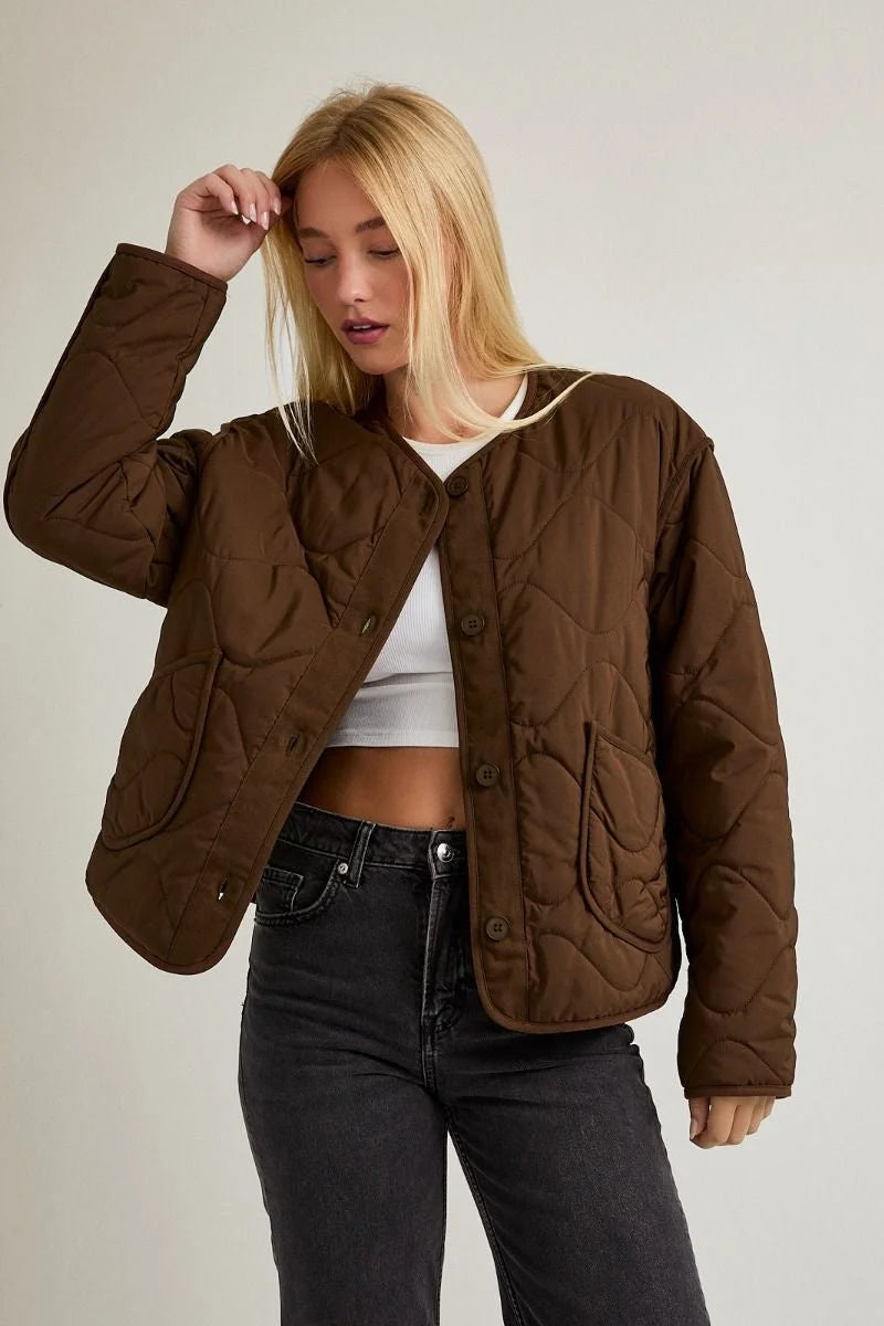 Brown padded round neck quilted bomber jacket with button closure