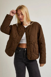 Brown padded round neck quilted bomber jacket with button closure