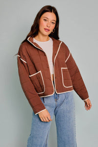 Brown quilted DROP SHOULDER HIGH COLLARED QUILT JACKET with cream sherpa trim