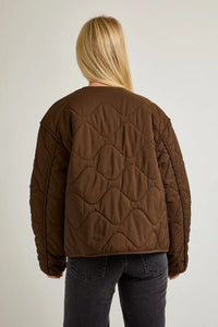 Brown padded round neck quilted jacket with fur trim zipper