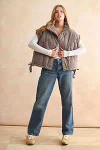 Anthropologie brown quilted lace crochet trim vest with hood