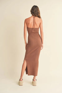 Brown ribbed halter neck knit long dress with side slit for elegant evening wear