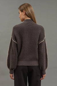 Brown ribbed colorblock mock neck knit sweater with balloon sleeves and white stripes