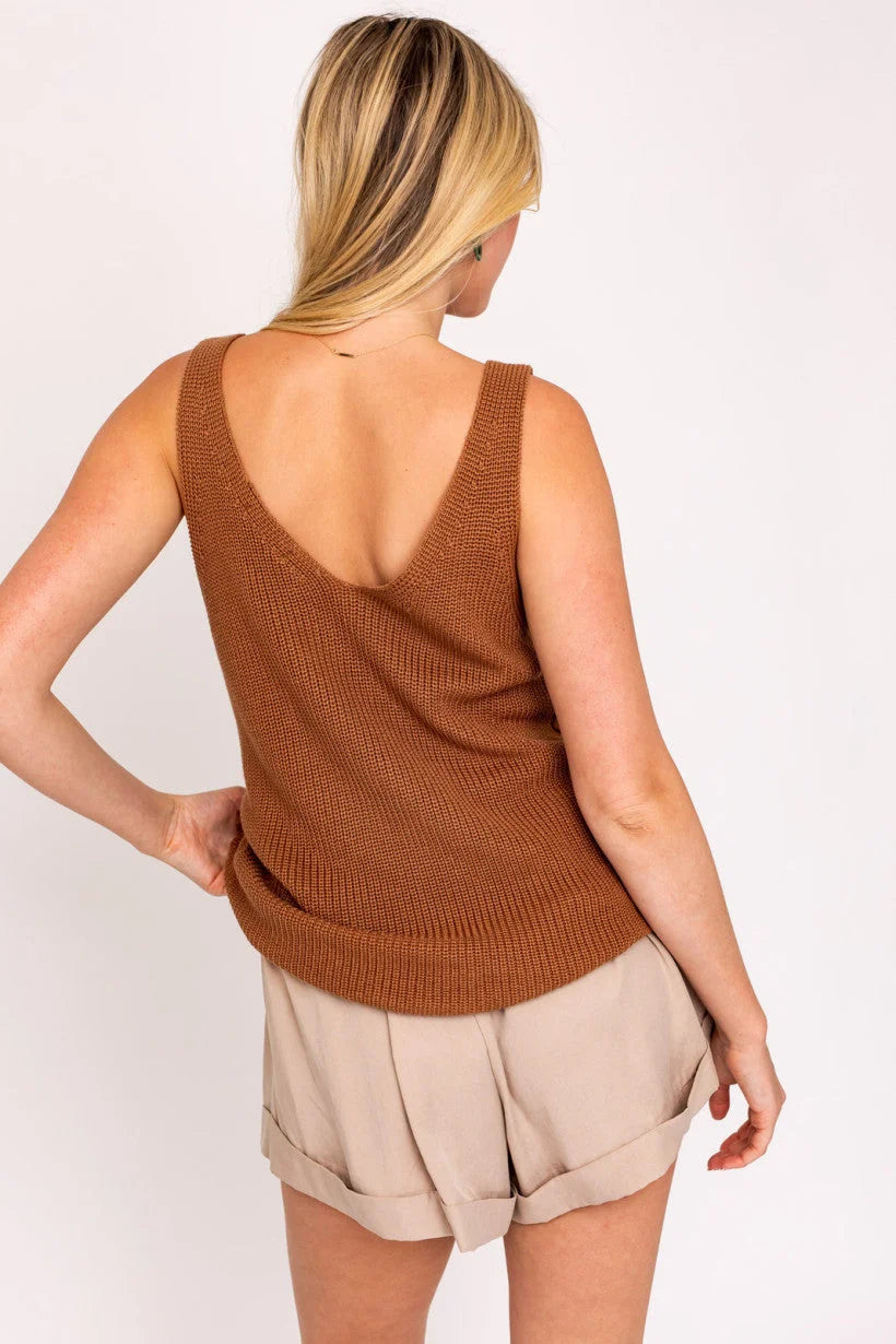 Brown ribbed deep V neck tank with a stylish V-back, perfect for a boho look