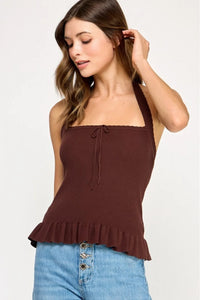 Brown ribbed halter neck cropped tank top with ruffled hem and drawstring detail