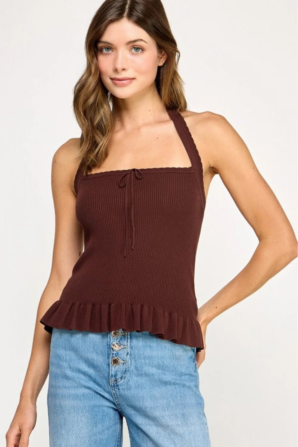 Brown ribbed halter neck cropped tank top with ruffled hem and adjustable straps