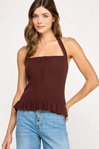 Brown ribbed halter neck cropped tank top with ruffled hem and adjustable straps