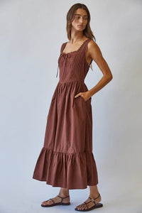 Brown ruffled solid cotton lace tie front maxi dress with thin straps