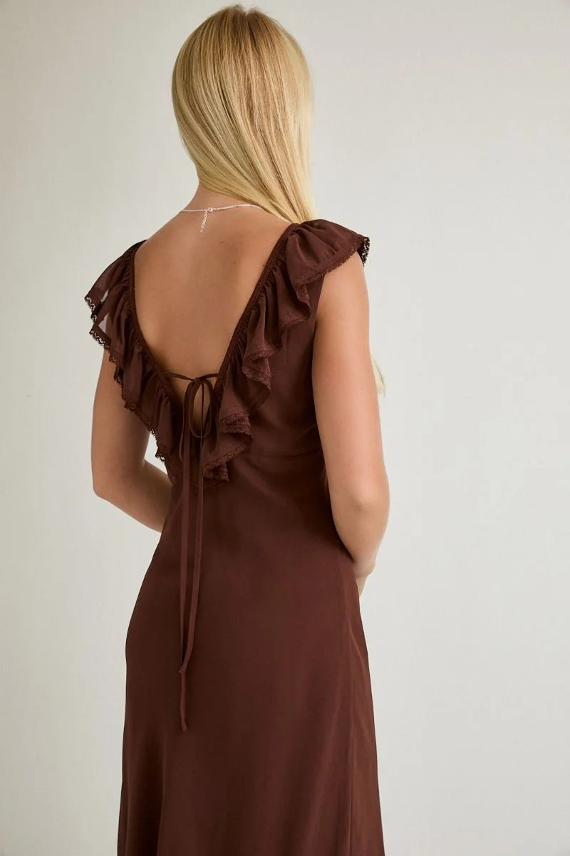 Brown ruffled sleeveless bias maxi dress with open back design