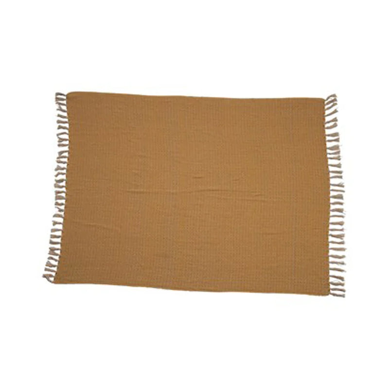 Brown rug with fringes featured under Woven Recycled Cotton Throw Blanket product