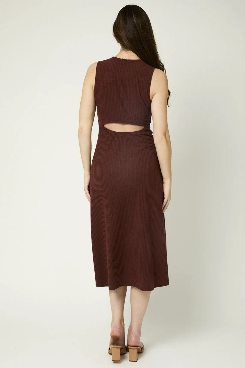 Brown sleeveless maxi dress with back cutout detail, ideal for women’s boho chic clothing