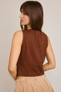 Brown sleeveless summer top with lace trim and scoop neckline, stylish cute top design