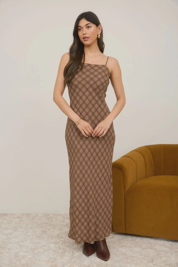 Brown plaid spaghetti strap maxi dress with thin straps and sleeveless design