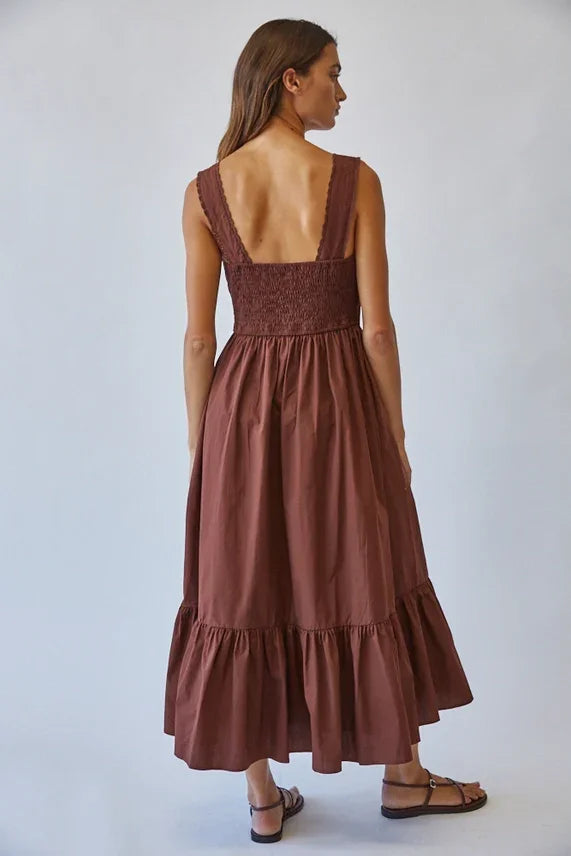Solid cotton lace tie front maxi dress in brown with smocked ruffle hem