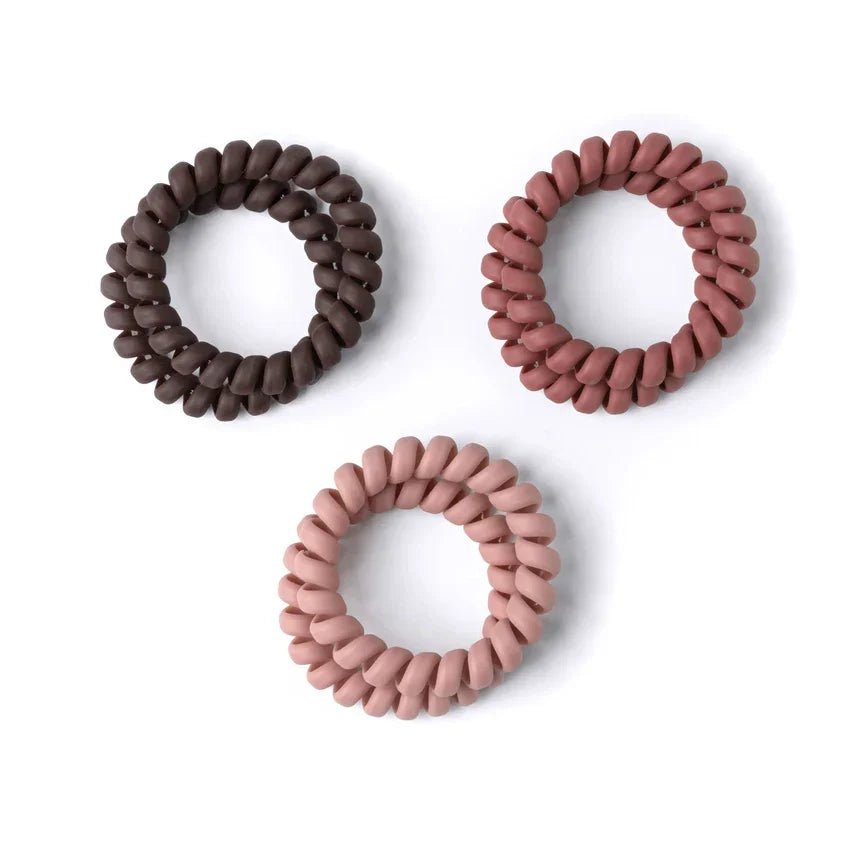 Set of three brown Crush Spiraling Coil hair ties with matte finish