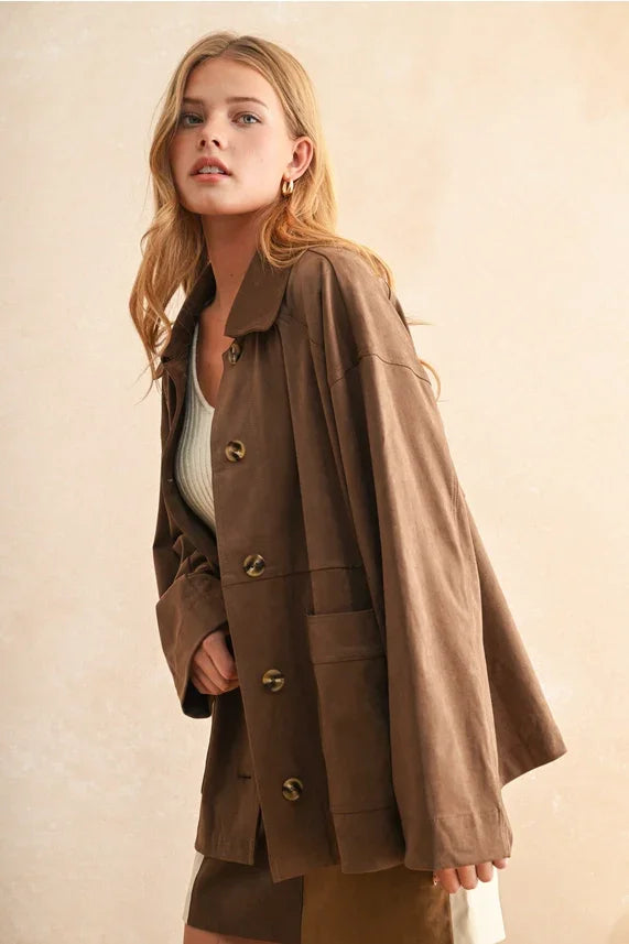 Brown suede button front jacket with patch pockets, women’s boho chic clothing