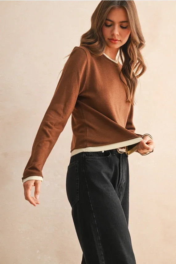 Long sleeve layered knitted top in brown with cream cuffs, soft cotton
