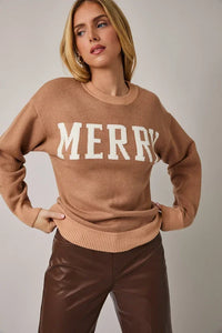 Crew neck long sleeve Merry sweater in brown ribbed knit