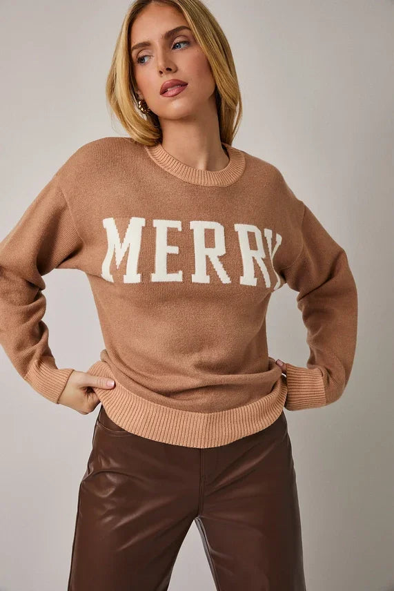 Crew neck long sleeve Merry sweater in brown ribbed knit