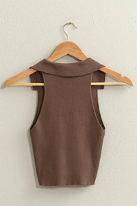 Brown sweater vest with collar displayed as a Sleeveless Collared Crop Knit Top