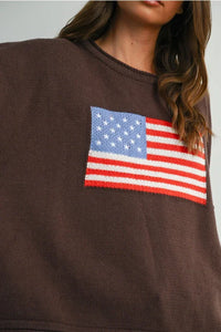 Brown American Flag Graphic Long Sleeve Sweater