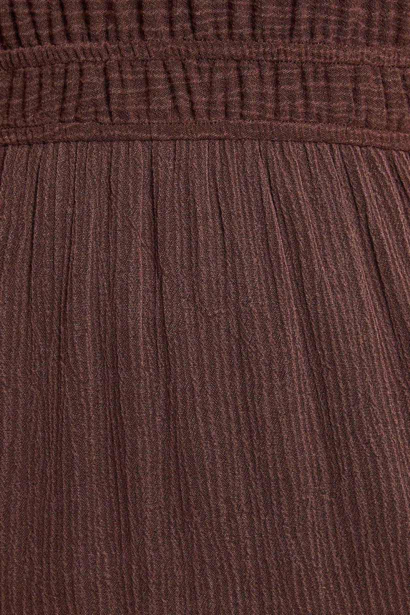 Brown textured fabric with pleated detailing in PLACKET DETAIL LONG SLEEVE MAXI DRESS