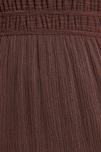 Brown textured fabric with pleated detailing in PLACKET DETAIL LONG SLEEVE MAXI DRESS