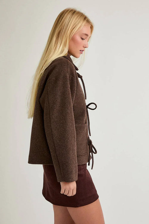Brown soft jacket with front button bow detail in boho chic style