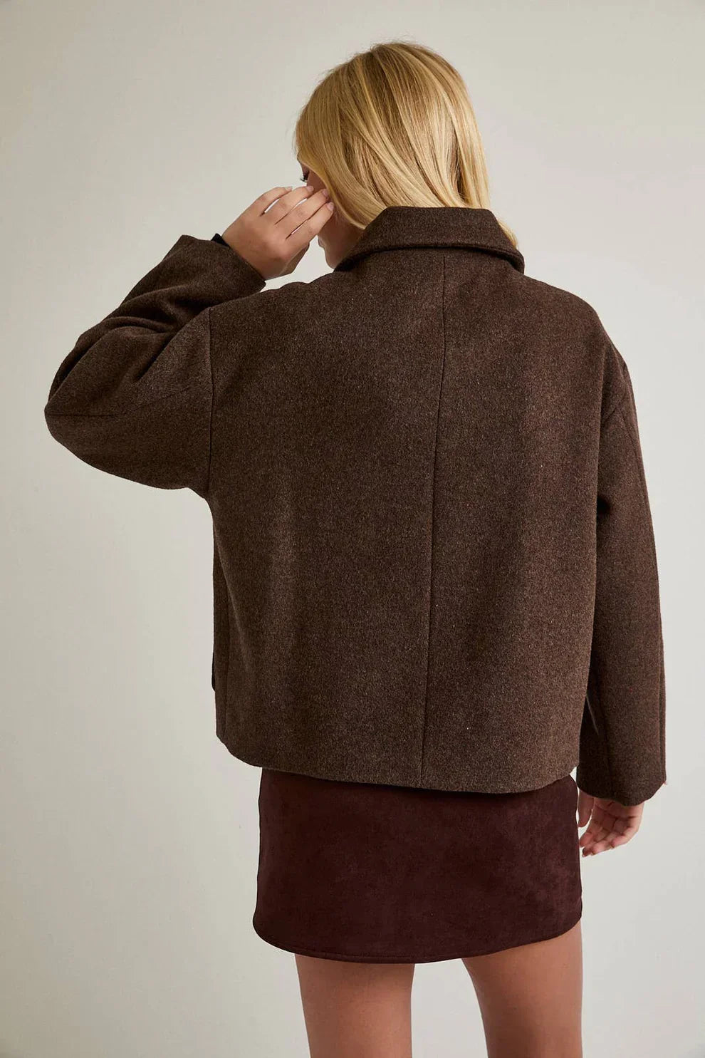 Brown textured wool soft jacket with front button bow detail
