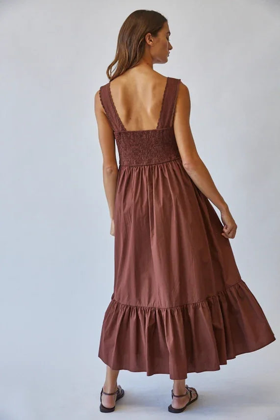 Brown solid cotton lace tie front maxi dress with ruffled hem