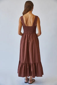 Solid cotton lace tie front maxi dress in brown with tiered linen, square neckline, ruffled hem