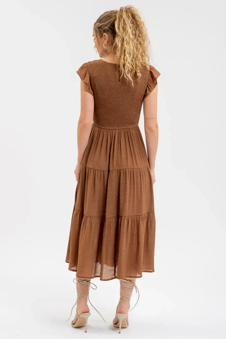 Smocked Tiered Midi Dress: Elevate Your Wardrobe Off White / Small Smocked Tiered Midi Dress: Elevate Your Wardrobe Off White / Small