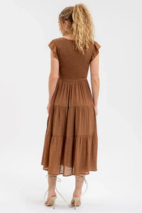 Brown Smocked Tiered Midi Dress with Short Sleeves and Gathered Waist