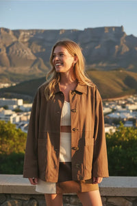 Suede button front jacket in brown with pockets for women’s boho chic