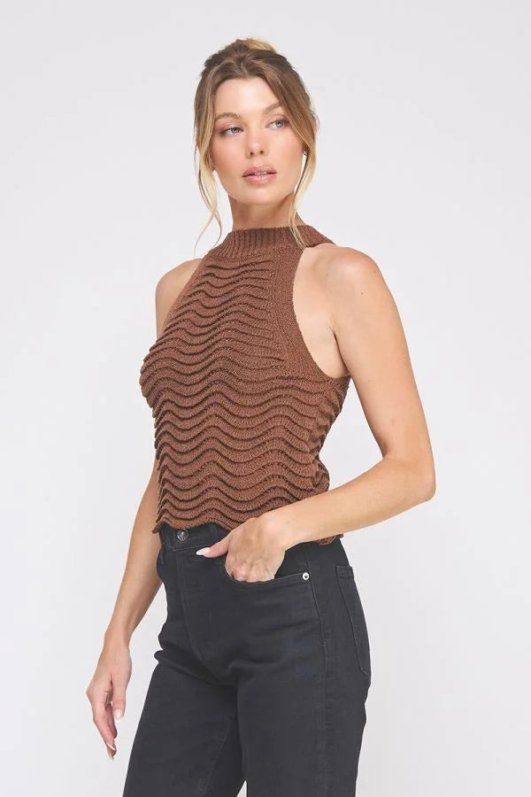 Brown wavy-knit scallop patterned knit halter tank top for stylish summer wear