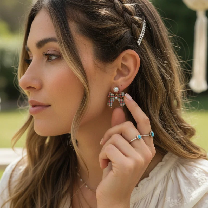 Christmas Plaid Bow Earrings with Rhinestones