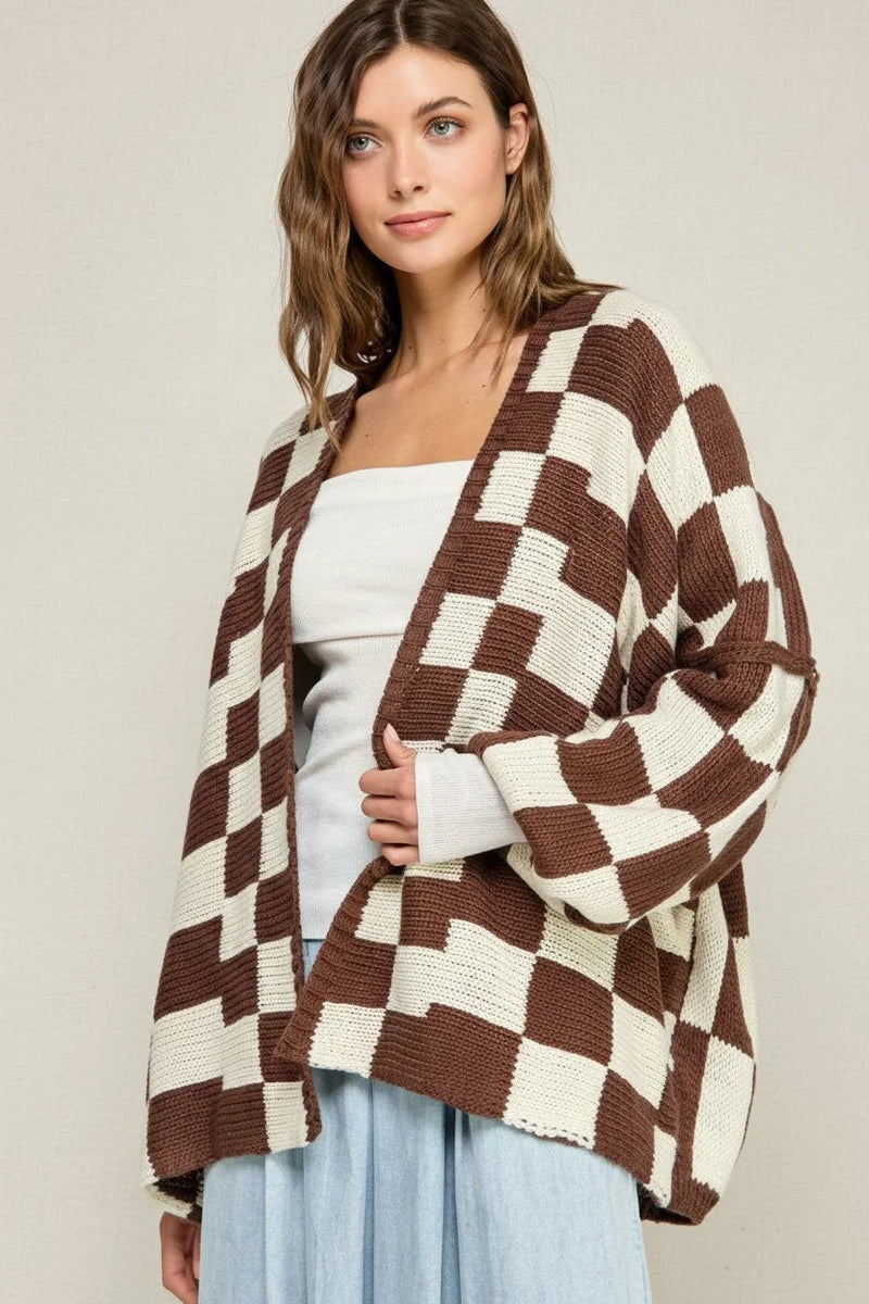Brown and white checkered knit check dropped shoulders cardigan with oversized sleeves