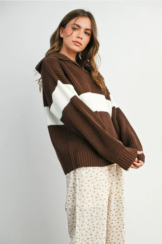 Brown and white color-blocked neck zip long sleeve sweater with ribbed texture