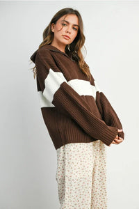 Brown and white color-blocked neck zip long sleeve sweater with ribbed texture