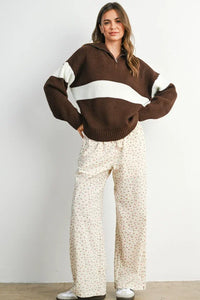 Brown and white colorblock long sleeve sweater with neck zip front