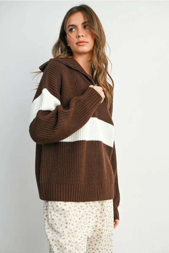 Brown and white neck zip long sleeve sweater with ribbed texture