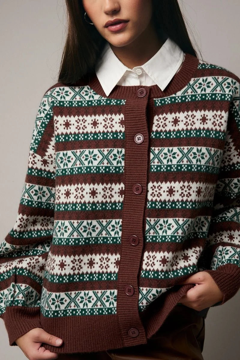 Brown and white fair isle round neck button-up graphic cardigan with green accents