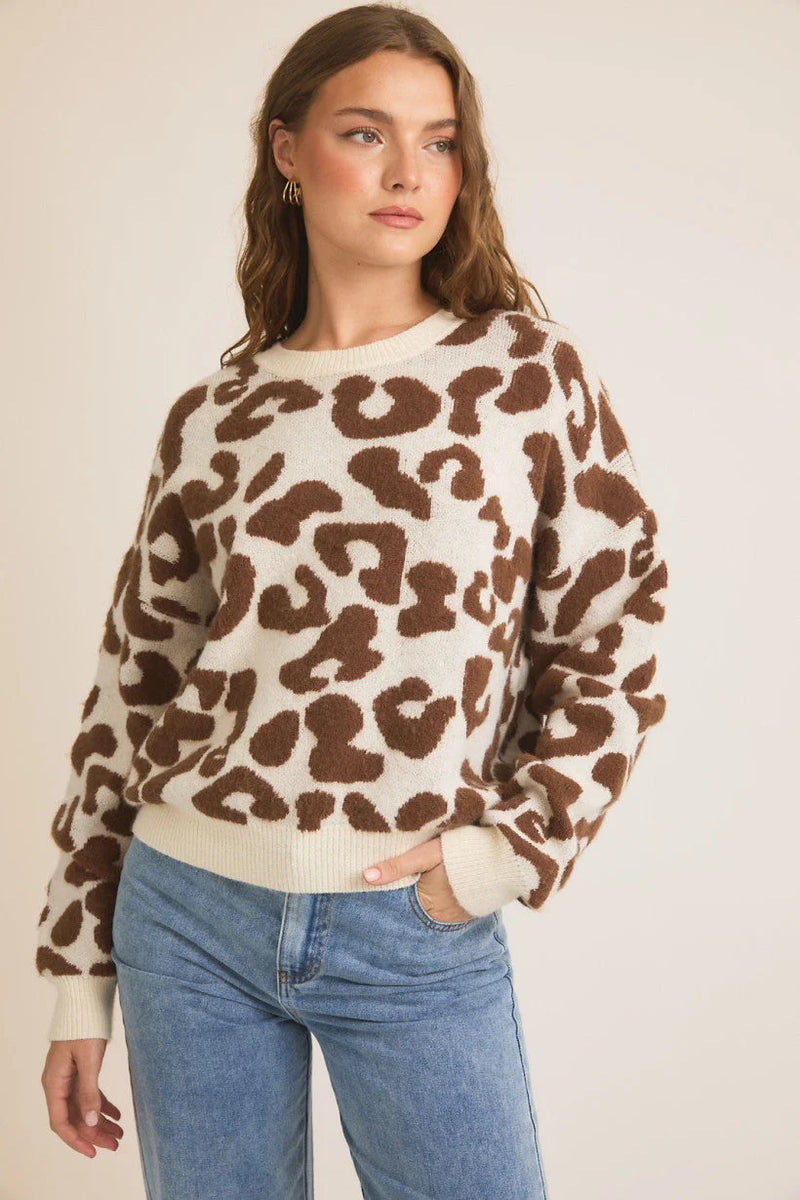 Brown and white leopard print sweater, ideal for women’s boho chic clothing at Shop Daisy